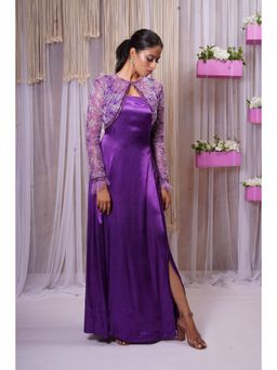 Farha Syed - Electric Purple Hand Embroidered Short Shrug with Gown (Set of 2)