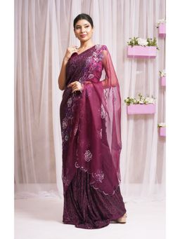 Farha Syed - Red Plum Hand Embellished & Saree with Stitched Blouse