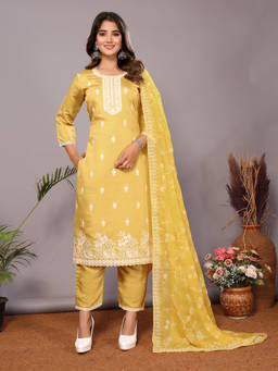 Gahan - Womens Chanderi Embroidered Straight Kurta & Pant with Dupatta
