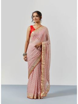 Sutra Attire - Pastel Peach Leheriya Stripes Gota Patti Saree with Unstitched Blouse