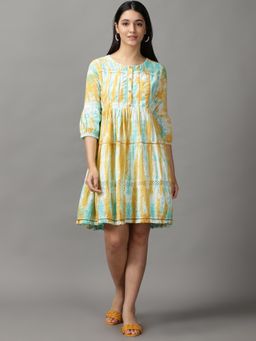 SHOWOFF - Womens Round Neck Knee Length Sea Green Tie And Dye Dress