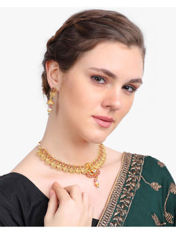 Adwitiya - 24Ct Gold-Plated Red Stone Temple Antique Hand Crafted Jewellery Set