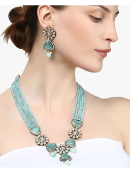 Adwitiya - Gold-Plated Blue Cz Stone-Studded Beaded Hand Crafted Jewellery Set