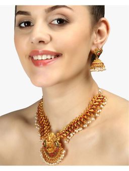 Adwitiya - Gold-Plated Red and Green Stone-Studded Temple Antique Jewellery Set