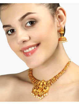 Adwitiya - Gold-Plated Temple Multi Stone-Studded Antique Jewellery Set