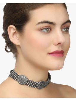 Adwitiya - Silver-Plated Brass Oxidised Stylish Choker Necklace