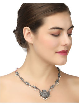 Adwitiya - Silver-Plated Oxidised White Pearl Peacock Design Necklace