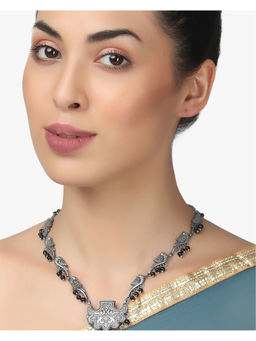 Adwitiya - Silver-Plated Oxidised Black Pearl Peacock Design Necklace