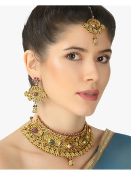 Adwitiya - Gold-Plated Pink and Green Stone Studded Jewellery Set