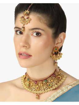 Adwitiya - Gold-Plated Pink and Green Choker Stone Studded Jewellery Set
