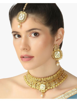Adwitiya - 24 Ct Gold-Plated White Choker Stone Studded Jewellery Set