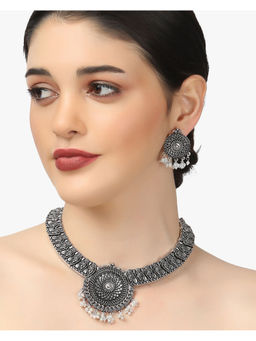 Adwitiya - Silver-Plated Oxidised with White Pearls Jewellery Set