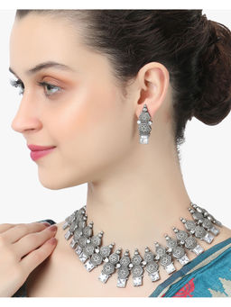 Adwitiya - Oxidized Silver-Plated White Stone-Studded Hand Crafted Jewellery Set