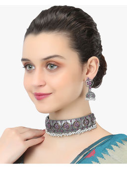 Adwitiya - Oxidised Silver-Plated Pink Stone and Pearls Beaded Jewellery Set