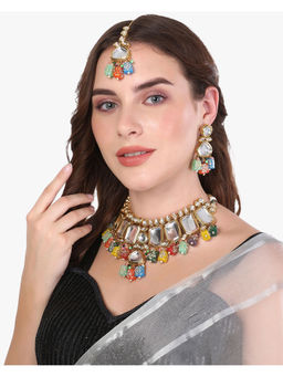 Adwitiya - Gold-Plated Multi Pearls Kundan Studded Jewellery Set