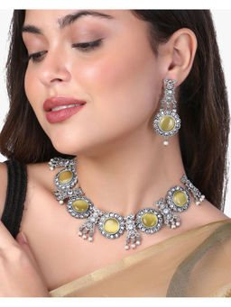 Adwitiya - Silver- Plated Oxidized Yellow Stone Jewellery Set