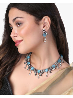 Adwitiya - Silver- Plated Oxidized Peacock Blue Stone Jewellery Set