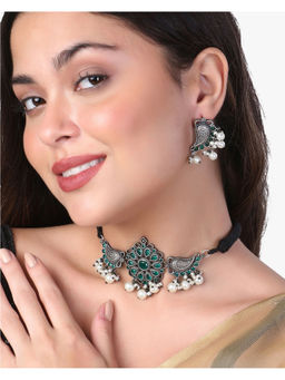 Adwitiya - Silver- Plated Oxidized Flower Green Stone Jewellery Set