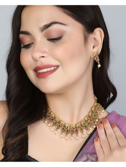 Adwitiya - Women Gold-Plated Multi Stone-Studded Elephant Pearl Necklace Set