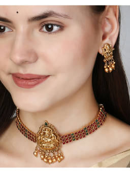 Adwitiya - Gold-Plated Goddess-Temple Stones Red and Green Chocker Set