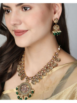 Adwitiya - Gold-Plated Green and Pink Stone- Pearl Peacock Design Jewellery Set