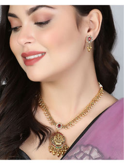 Adwitiya - Gold-Plated Goddess-Temple with Red and Green Stone Jewellery Set