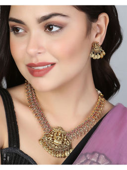 Adwitiya - Gold-Plated Temple Pink and Green Necklace and Earrings Set