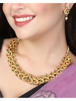 Adwitiya - Women Gold-Plated Red and Green Stone Peacock Design Jewellery Set