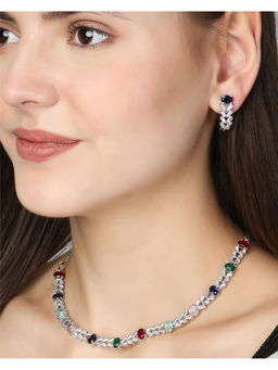 Adwitiya - Rhodium Plated Multi-Color Stone Necklace and Earrings Set