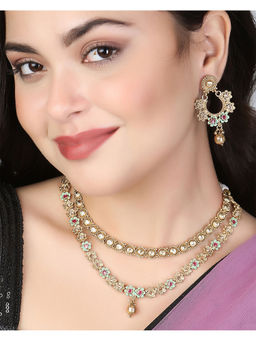 Adwitiya - Gold-Plated Green and Red Flower Necklace with Earrings Set