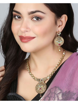Adwitiya - Gold-Plated Pink Stone-Studded Flower Necklace with Earrings Set