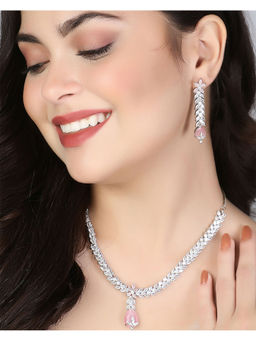 Adwitiya - Rhodium-Plated Pink Stone-Studded Necklace and Earrings Set
