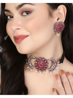 Adwitiya - Oxidized Pink Stone-Studded Pearl-Tessel Chocker and Earrings Set