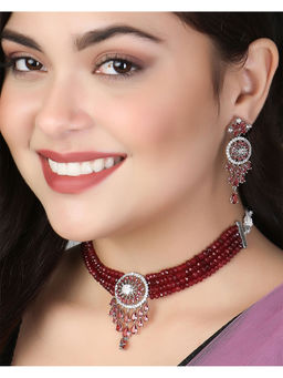 Adwitiya - Women Rhodium-Plated Red Stone-Studded Jewellery Set