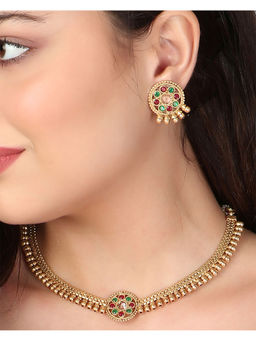 Adwitiya - Women Gold-Plated Red and Green Stone-Studded Jewellery Set