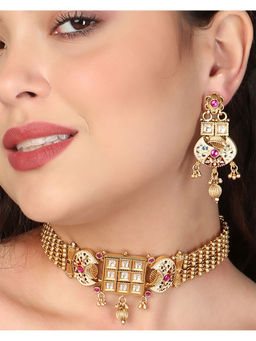 Adwitiya - Gold-Plated Pink Stones-Studded Choker with Earrings Set