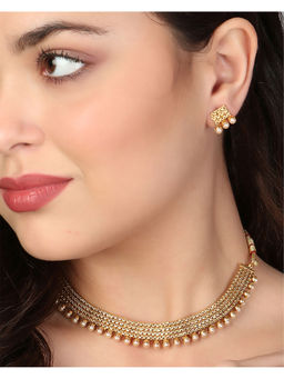 Adwitiya - Gold-Plated White Pearl-Beaded Necklace with Earrings Set