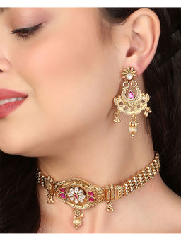 Adwitiya - Gold-Plated Pink Stones-Studded Choker with Earrings Set