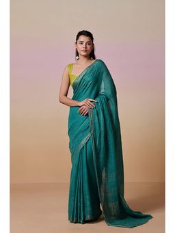 Dressfolk - Kusumita - Teal Blue Teal Saree With Unstitched Blouse