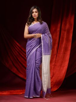 CHARUKRITI - Iris Purple Cotton Silk Handwoven Zari Stripes & Zari Pallu Saree with Unstitched Blouse