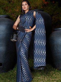 Odette - Trendy Navy Blue Pleated Silk Saree with Unstitched Blouse