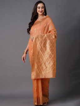 Akhilam - Peach Festive Silk Blend Woven Design Saree with Unstitched