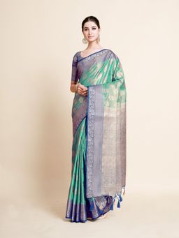 Mimosa - Women Traditional Kanjivaram Art Silk Turquoise Saree with Unstitched Blouse