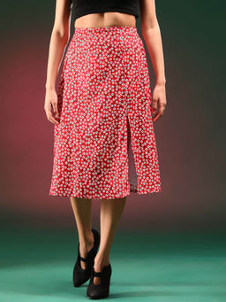 KOTTY - Red Printed A-Line Knee Length Skirt
