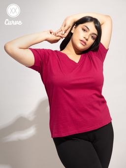 Twenty Dresses by Nykaa Fashion - Curve Wine Solid V Neck Basics Tshirt