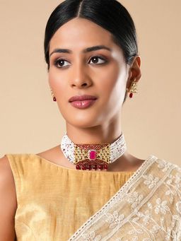 Yellow Chimes - Gold-Plated White & Red Kundan-Studded & Beaded Jewellery Set
