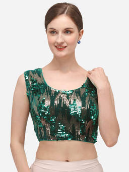 Amrutam Fab - Womens Embroidered & Sequence Work Green Velvet Stiched Blouse With Round Neck