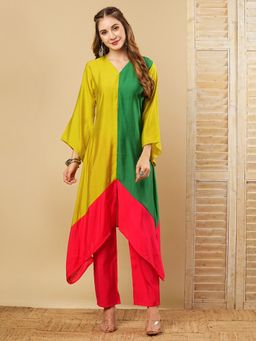 FASHOR - Multi-Color Colorblock Asymmetric Hem A-Line Kurta with Pants (Set of 2)