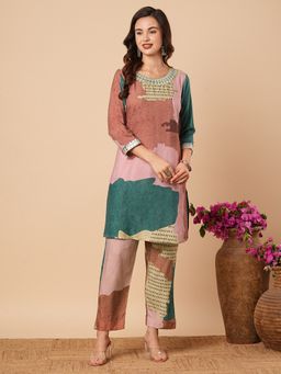 FASHOR - Multi-Color Abstract Printed and Mirror Embroidered Straight Fit Co-Ord (Set of 2)