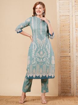 FASHOR - Blue Floral Printed Straight Fit Kurta with Pant (Set of 2)